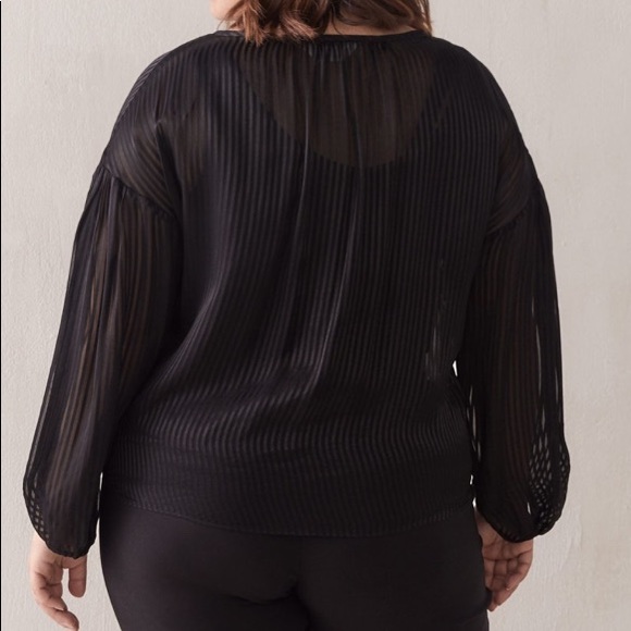 Addition Elle Black Mesh Stripe Balloon Sleeve Top - Picture 2 of 3